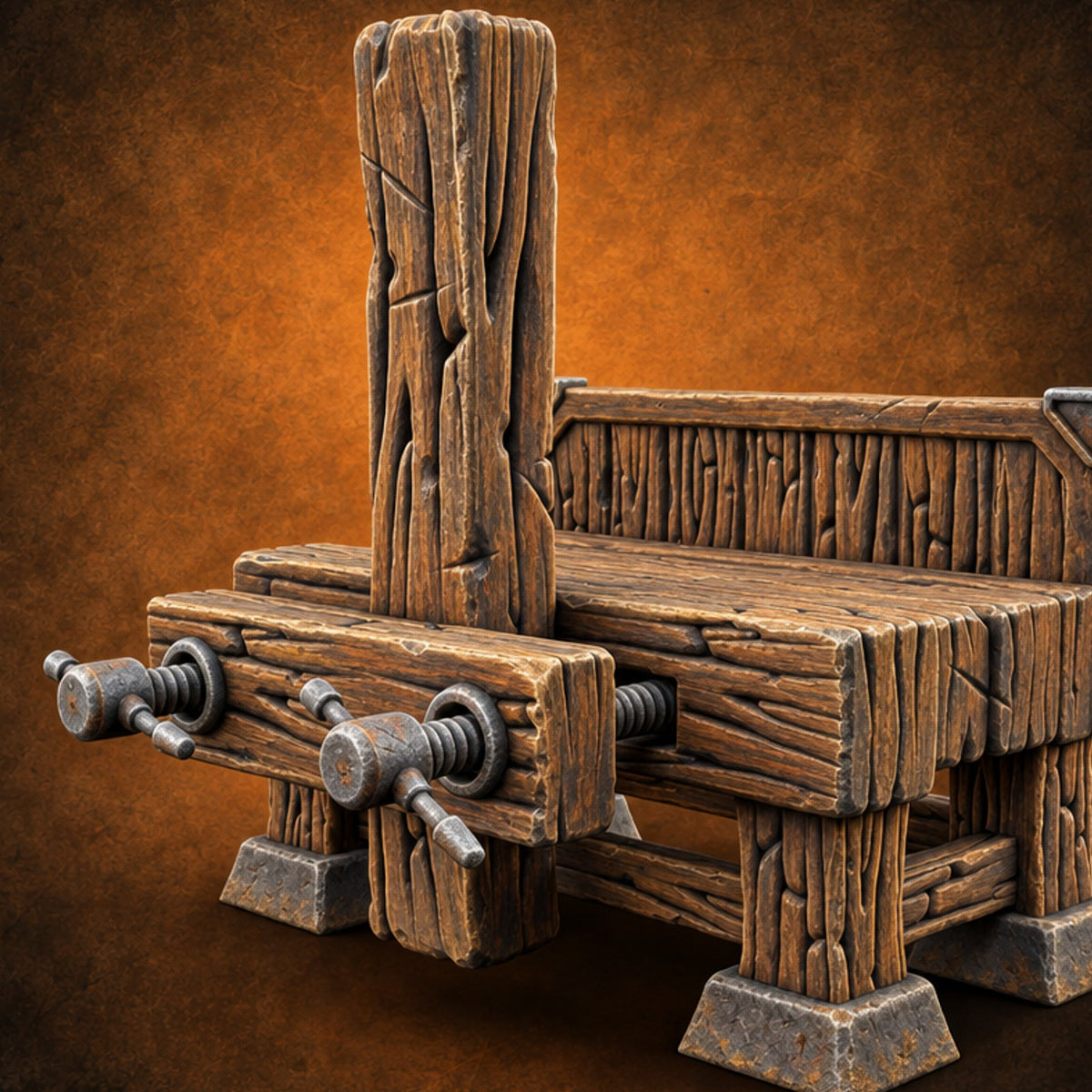 Plank Squeeze Pending Wooden Carpenter Vice Workbench — painted concept preview (terrain supplied unpainted)