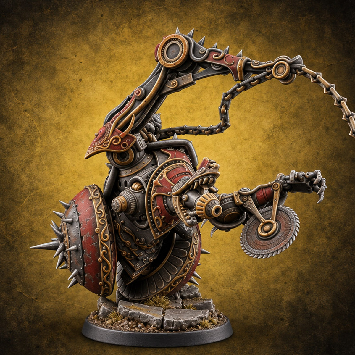 Spiked Wheel, Spiked Mood Warforged Wheeled Automaton with Spiked Wheel and Weapon Arms D — painted concept preview (miniature supplied unpainted)