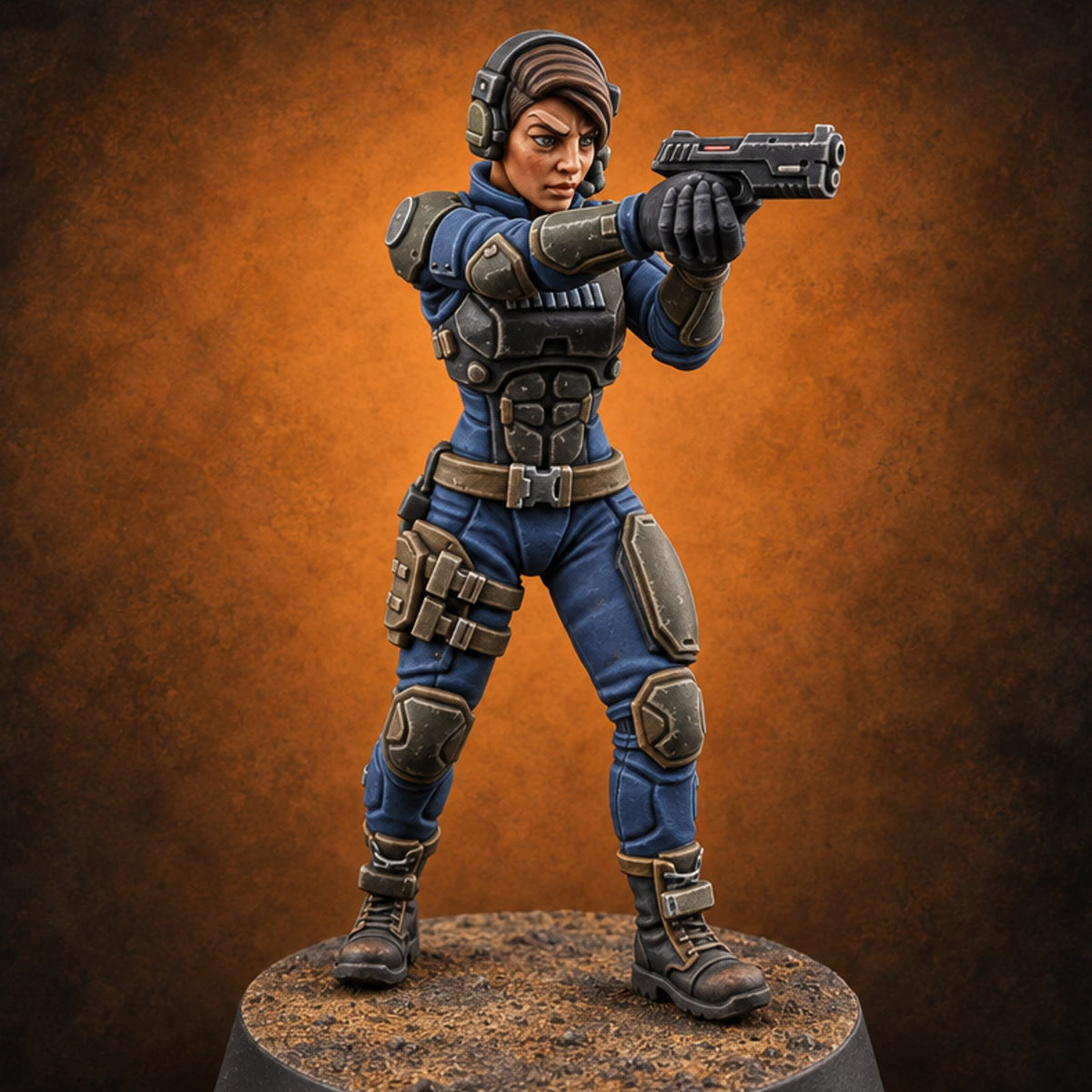 Sights Locked, Mic Live Human Female Officer with Sci-Fi Pistol and Headset — painted concept preview (miniature supplied unpainted)