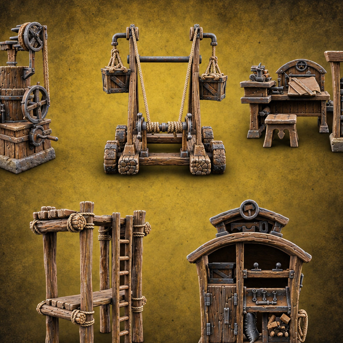 Pulleys, Planks and Plans Wooden Construction Site Terrain Set — painted concept preview (terrain supplied unpainted)