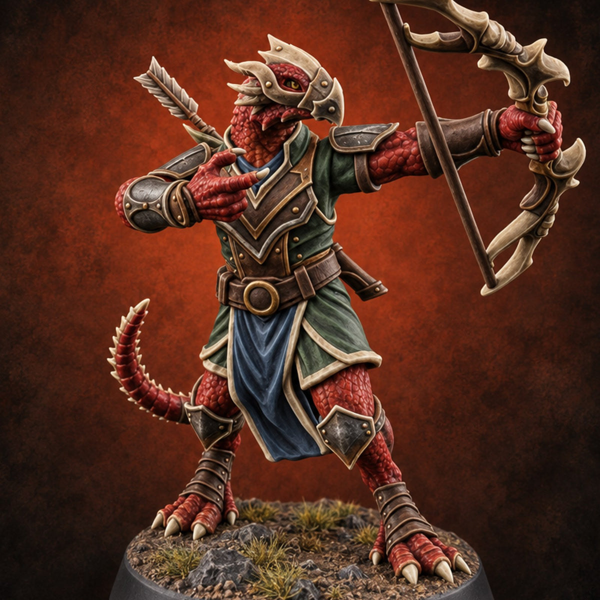 Crests Up, Tails Out Dragonborn Archer A — painted concept preview (miniature supplied unpainted)