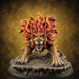 Tail Wears a Second Face Chimera Flame-Maned Lion Beast with Head-Tipped Tail on Rocky Base — painted concept preview (miniature supplied unpainted)