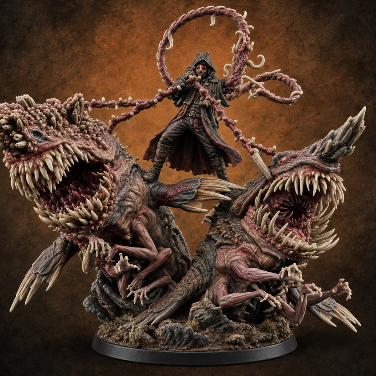 Two Maws, One Message Human Herald with Twin Maw Demons — painted concept preview (miniature supplied unpainted)