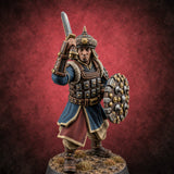 Shields Studded, Steel Singing Human Steppe Swordsman C — painted concept preview (miniature supplied unpainted)