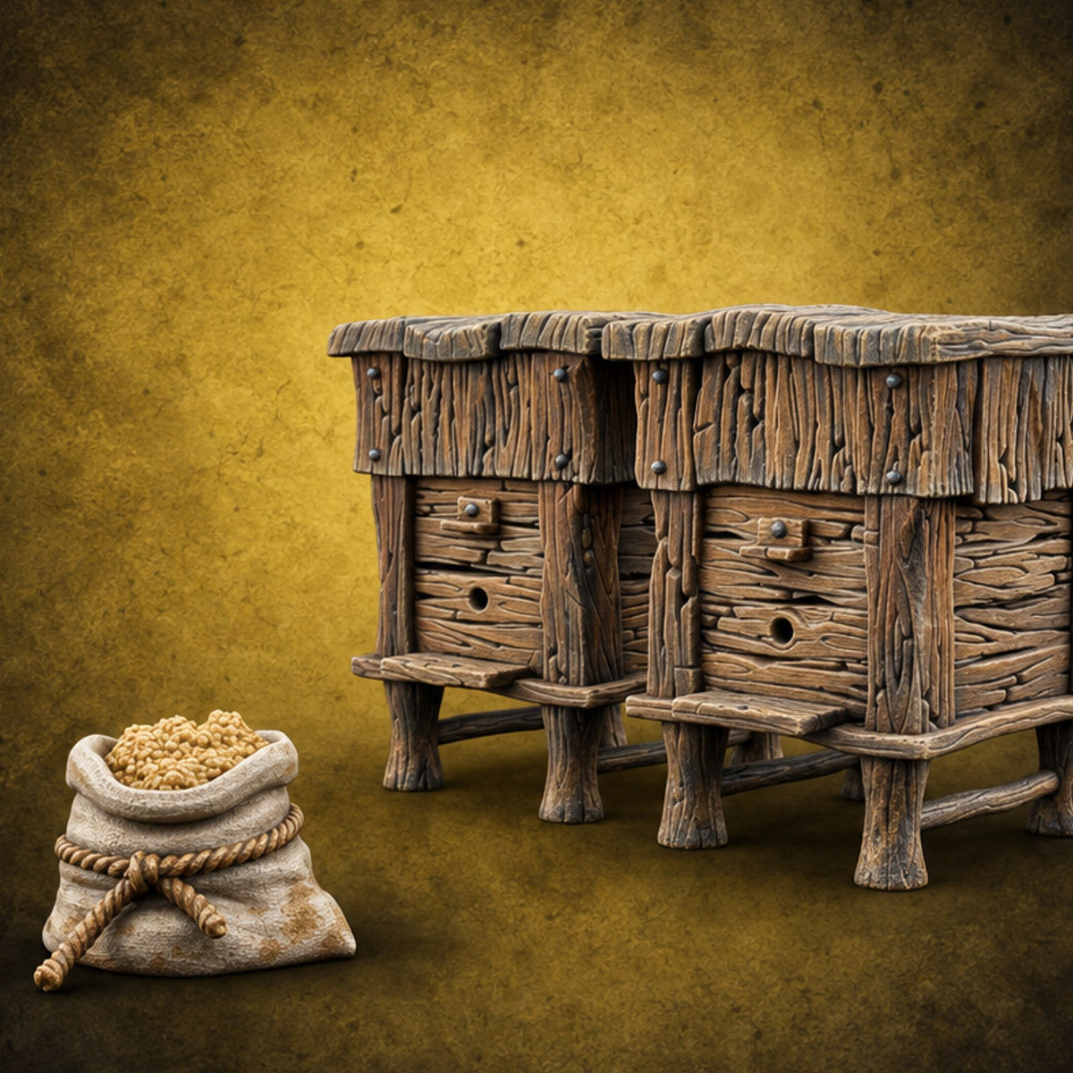 Bees Clocked Out, Flour Clocked In Wooden Beehives with Feed Sack — painted concept preview (terrain supplied unpainted)
