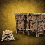 Bees Clocked Out, Flour Clocked In Wooden Beehives with Feed Sack — painted concept preview (terrain supplied unpainted)
