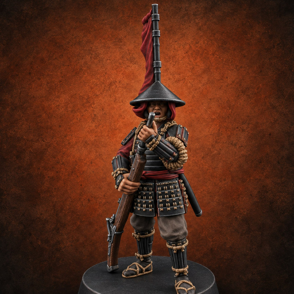 Matchlocks at the Ready Human Ashigaru Musketeer B — painted concept preview (miniature supplied unpainted)