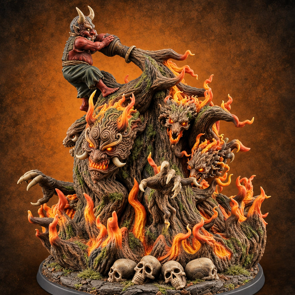 Barking Mad and Burning Treant Flame-Wreathed Demon-Faced Tree — painted concept preview (miniature supplied unpainted)