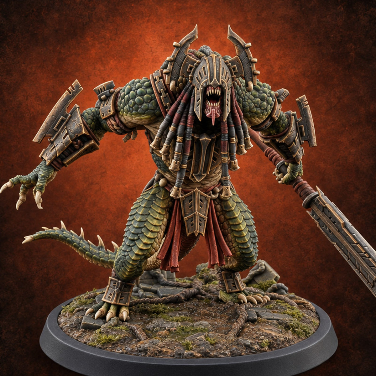 Crowns of Horn, Hearts of Ruin Lizardfolk Polearm Warrior A — painted concept preview (miniature supplied unpainted)