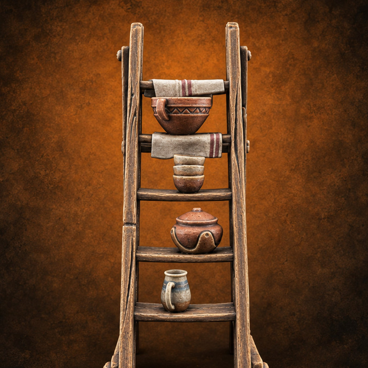 Crockery Climbs the Rungs Wooden Pottery Display Ladder — painted concept preview (terrain supplied unpainted)