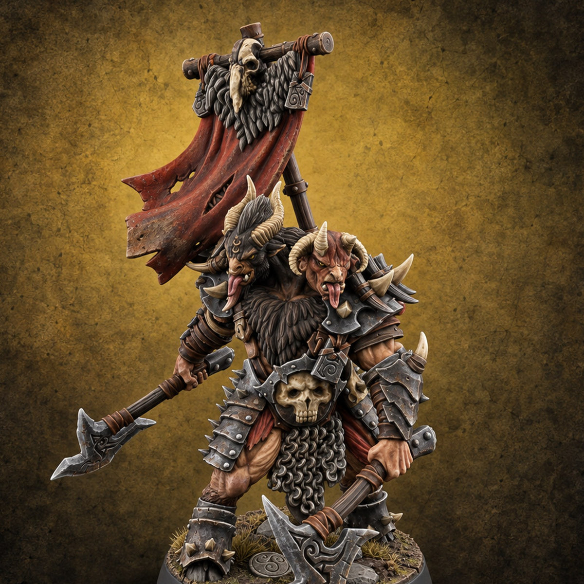 Beneath the War Banner Two-Headed Beastman Chieftain — painted concept preview (miniature supplied unpainted)