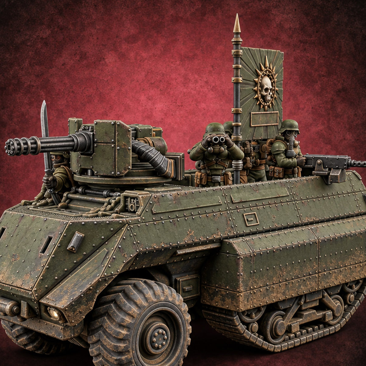 Saber Out, Skull Flying Human Officer and Gas-Masked Crew in Armoured Half-Track with Rotary Cannon — painted concept preview (miniature supplied unpainted)
