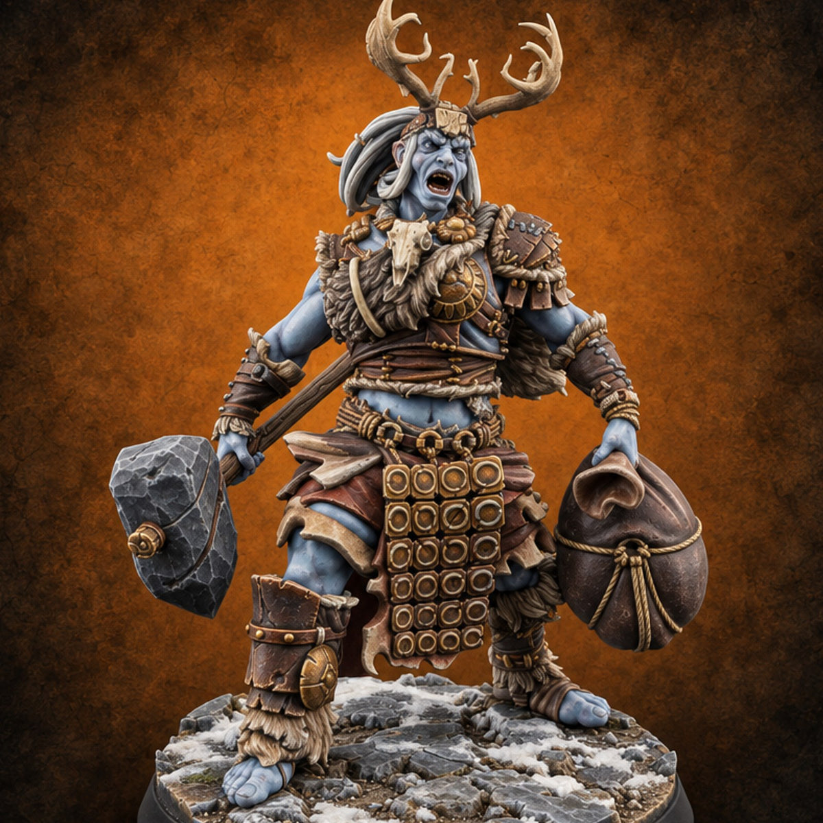 Hammer, Axe and Splintered Club Frost Giant Warrior A — painted concept preview (miniature supplied unpainted)
