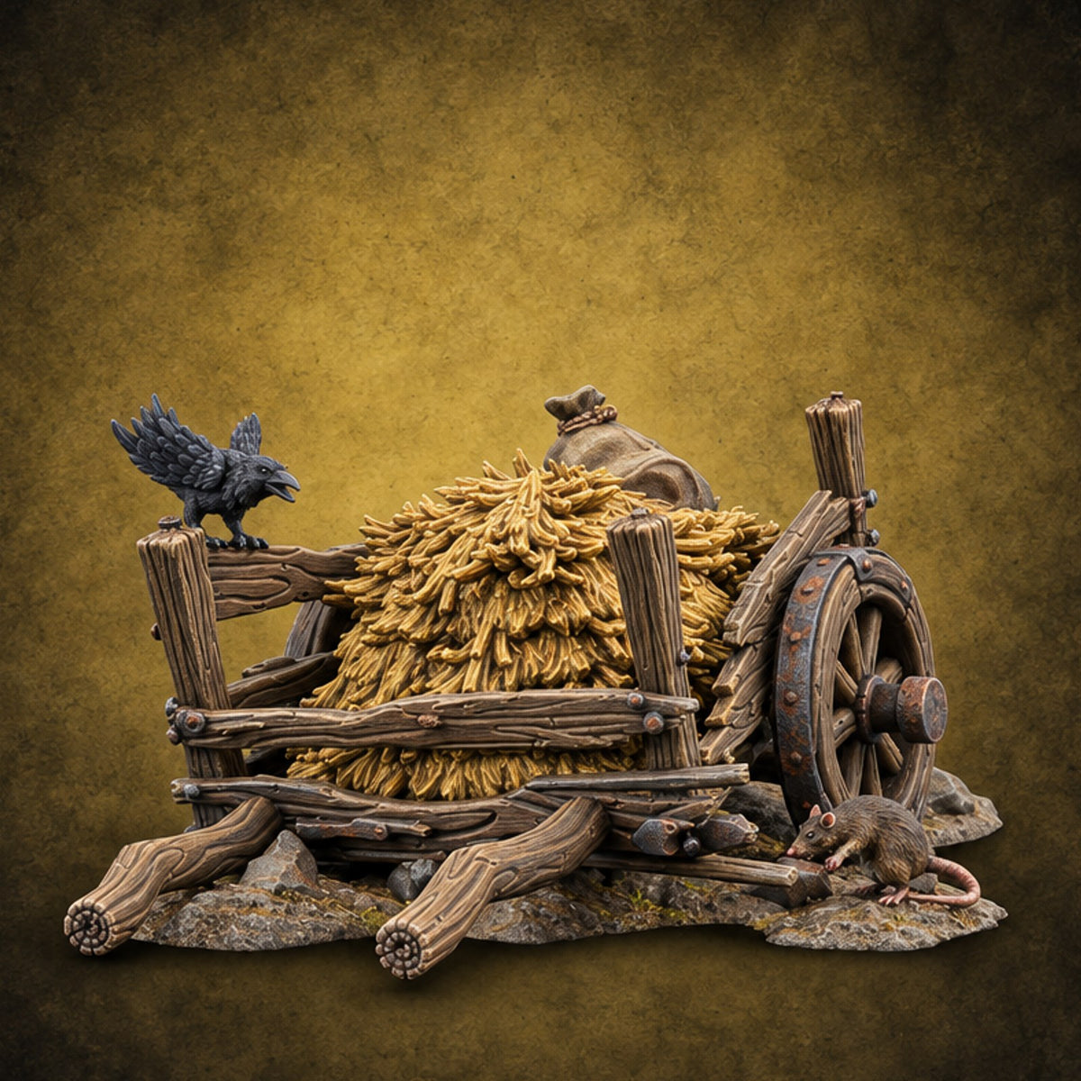 Axle Gave Out Mid-Harvest Broken Hay Cart with Crow and Rat on Rubble Base — painted concept preview (terrain supplied unpainted)