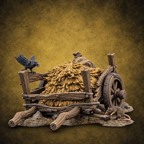 Axle Gave Out Mid-Harvest Broken Hay Cart with Crow and Rat on Rubble Base — painted concept preview (terrain supplied unpainted)