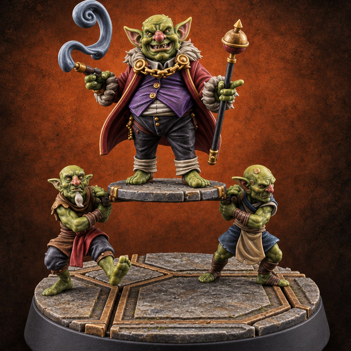 Smug on Borrowed Shoulders Goblin Casino Owner — painted concept preview (miniature supplied unpainted)