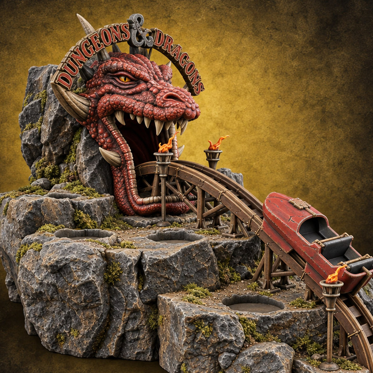 Thrill Ride, Terrible Teeth D&D Dragon Coaster Rocky Diorama — painted concept preview (terrain supplied unpainted)