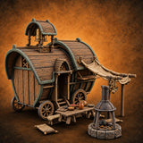 Bell Rings, Kettle Sings Wooden Caravan Wagon with Camp — painted concept preview (terrain supplied unpainted)