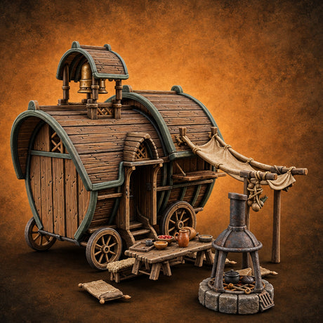 Bell Rings, Kettle Sings Wooden Caravan Wagon with Camp — painted concept preview (terrain supplied unpainted)