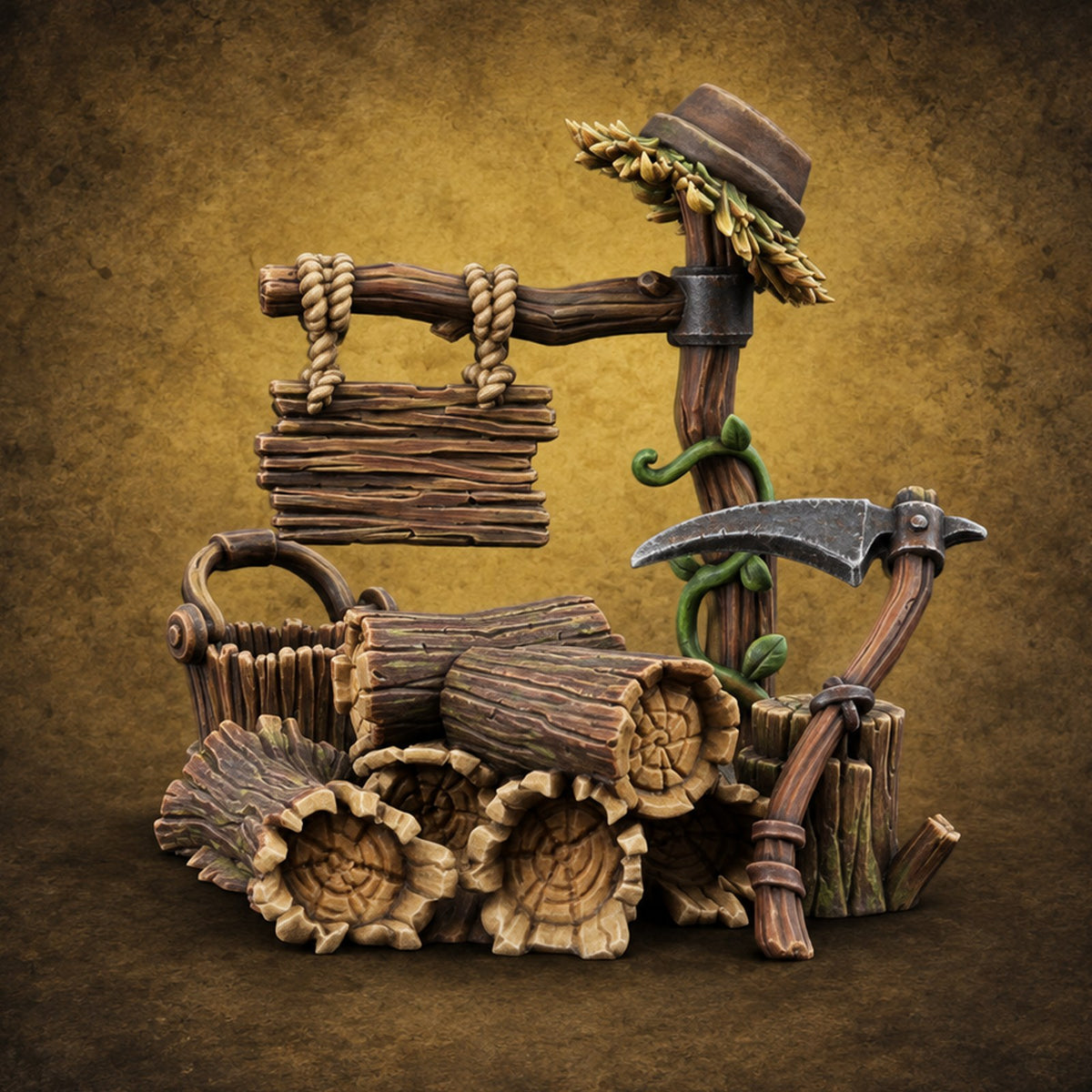 Orchard Chores Farmyard Scatter Piece F — painted concept preview (terrain supplied unpainted)