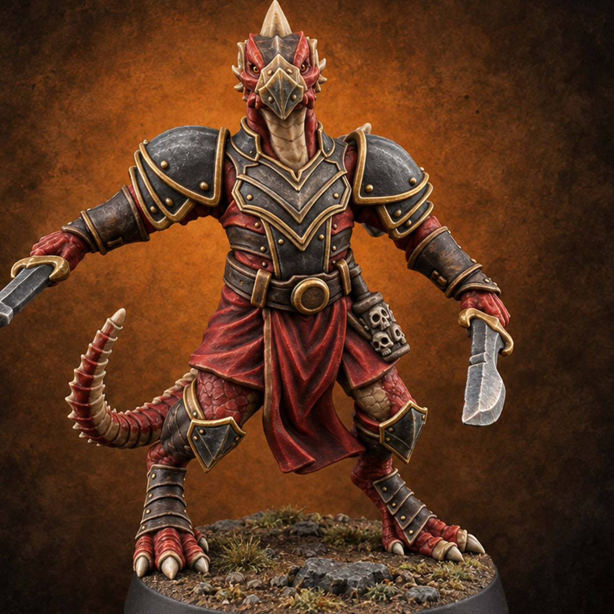 Dojo Under Dragon Skies Dragonborn Swordmaster F — painted concept preview (miniature supplied unpainted)
