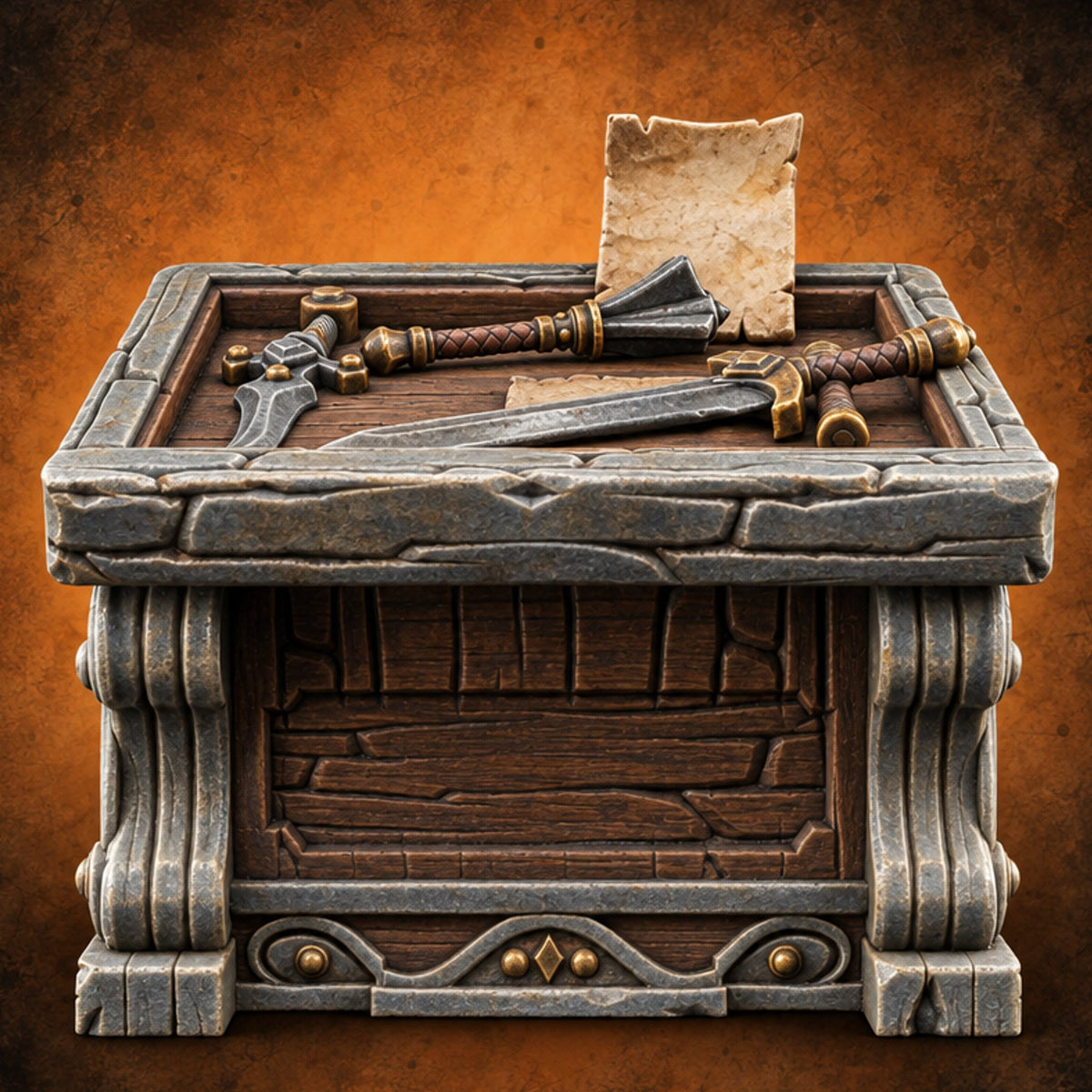 Mace Value Stone-Topped Display Desk with Weapons Tray, Parchment Sheet and Scroll-Carved Supports — painted concept preview (terrain supplied unpainted)