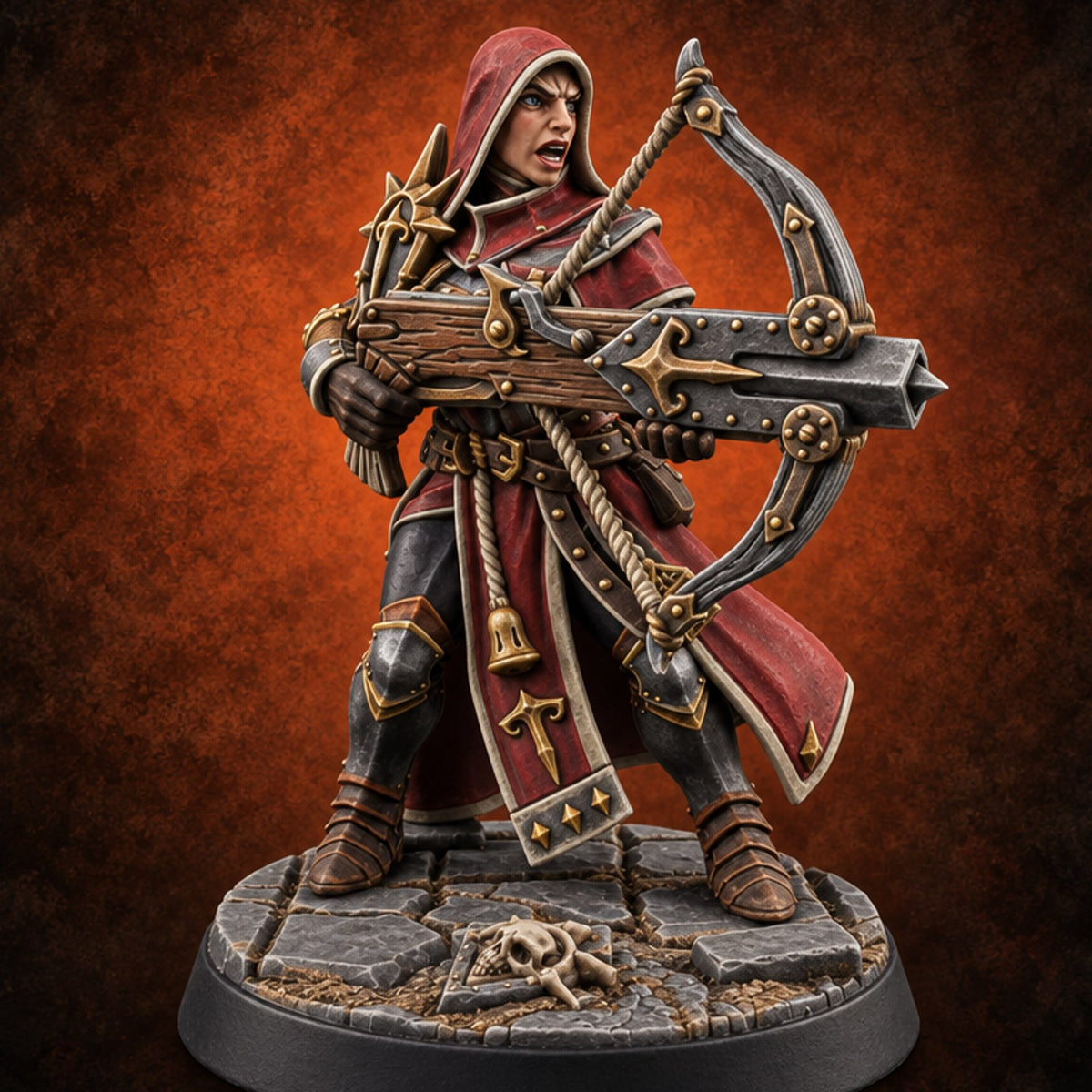 Pray, Then Aim Human Female Hooded Crossbow Arbalist D — painted concept preview (miniature supplied unpainted)