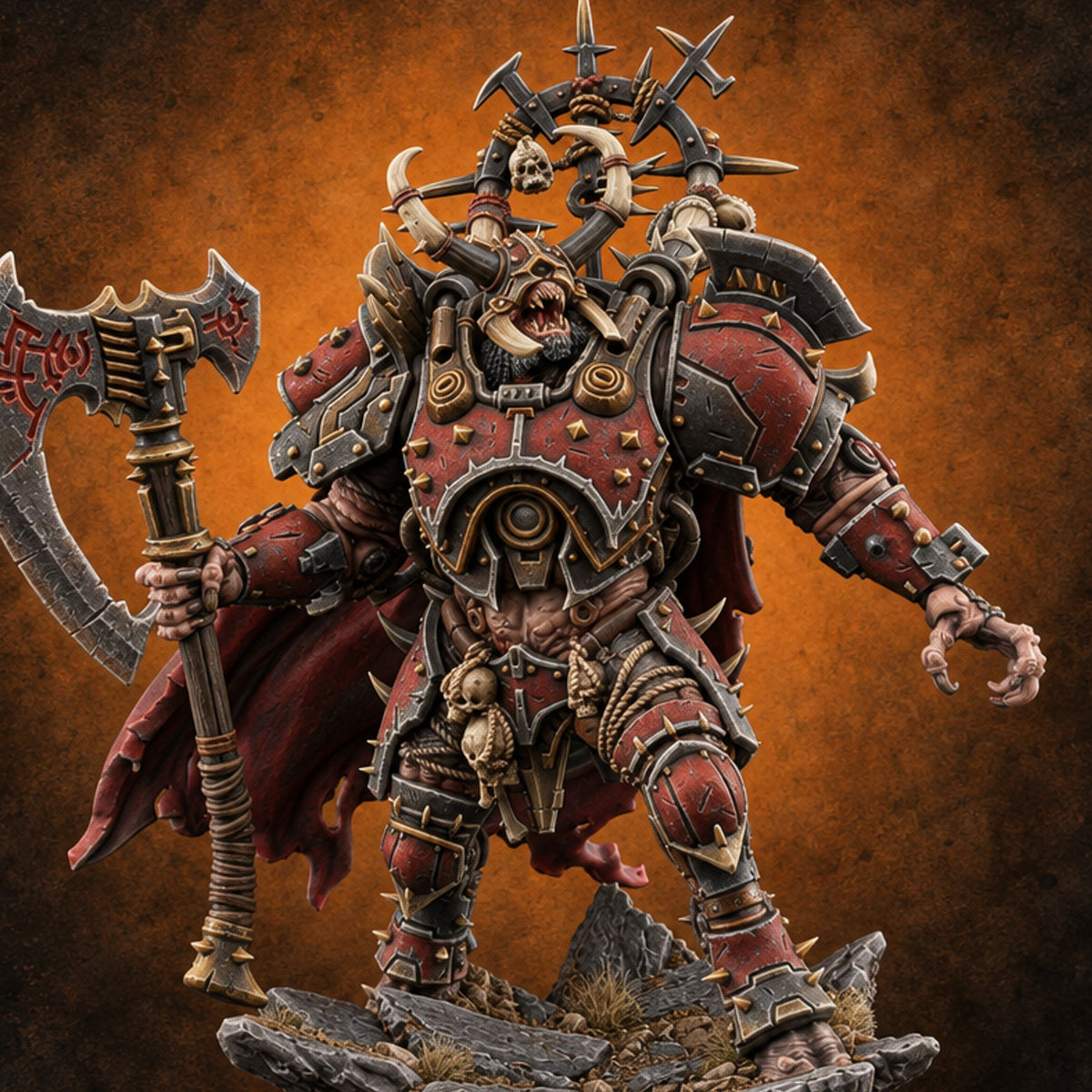 Crowned in Barbed Halos Ogre Spiked-Armour Prince with Rune Axe — painted concept preview (miniature supplied unpainted)