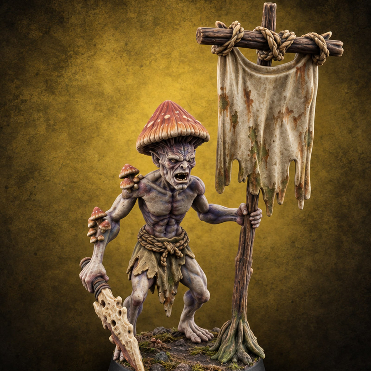 Rags Raised, Temper Frayed Myconid Standard Bearer — painted concept preview (miniature supplied unpainted)
