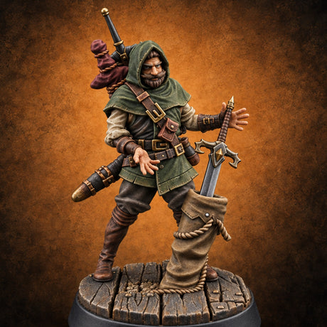 Blades Fit Anywhere Human Weapon Merchant — painted concept preview (miniature supplied unpainted)