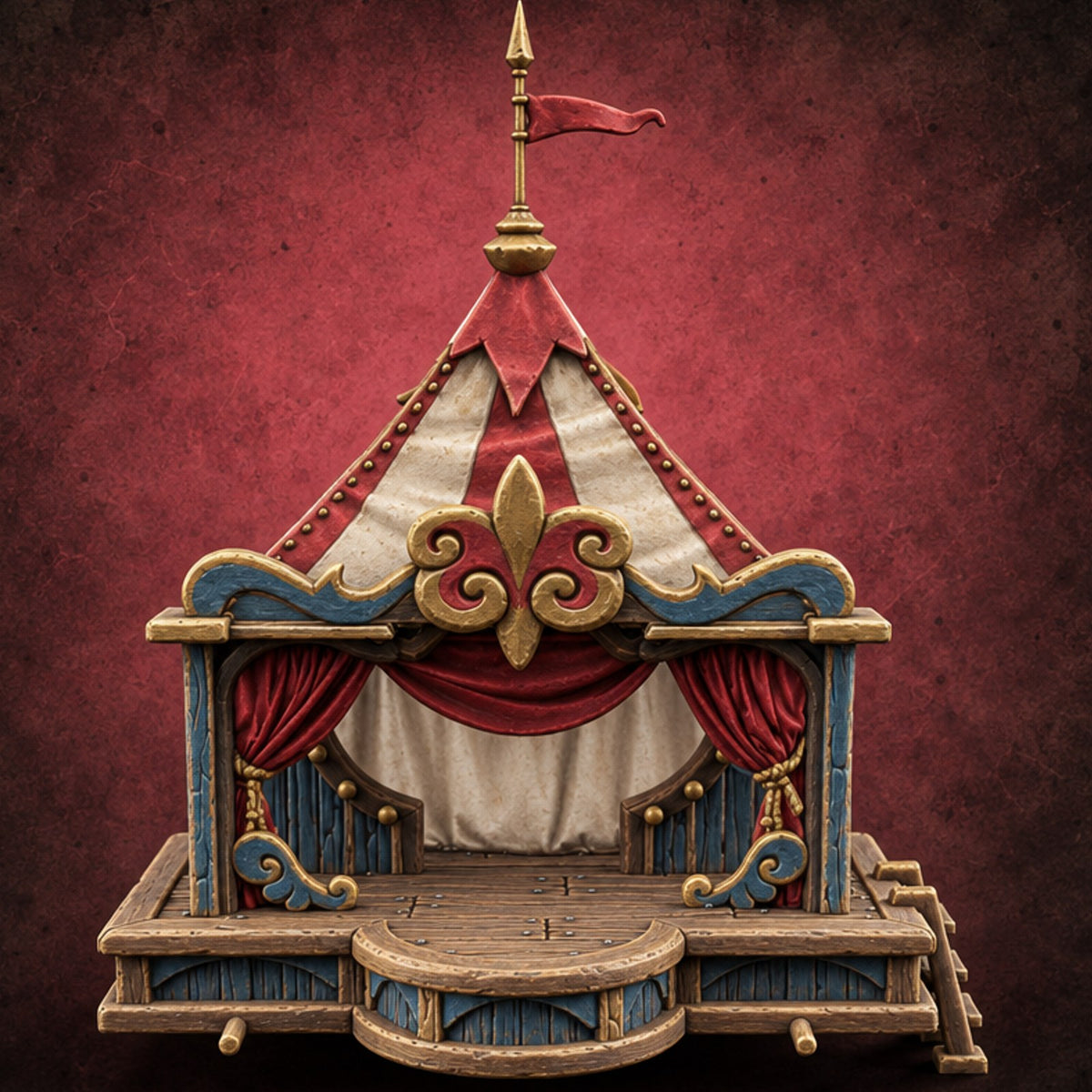 Curtain Up, Stage Rolling Wooden Carnival Stage Wagon — painted concept preview (terrain supplied unpainted)
