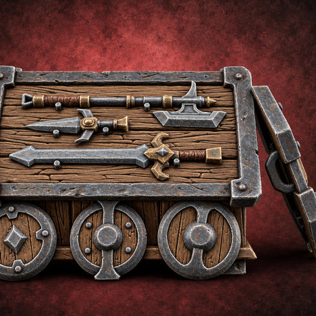 Wheels Fitted, Arsenal Hidden Wooden Weapons Crate on Wheels — painted concept preview (terrain supplied unpainted)