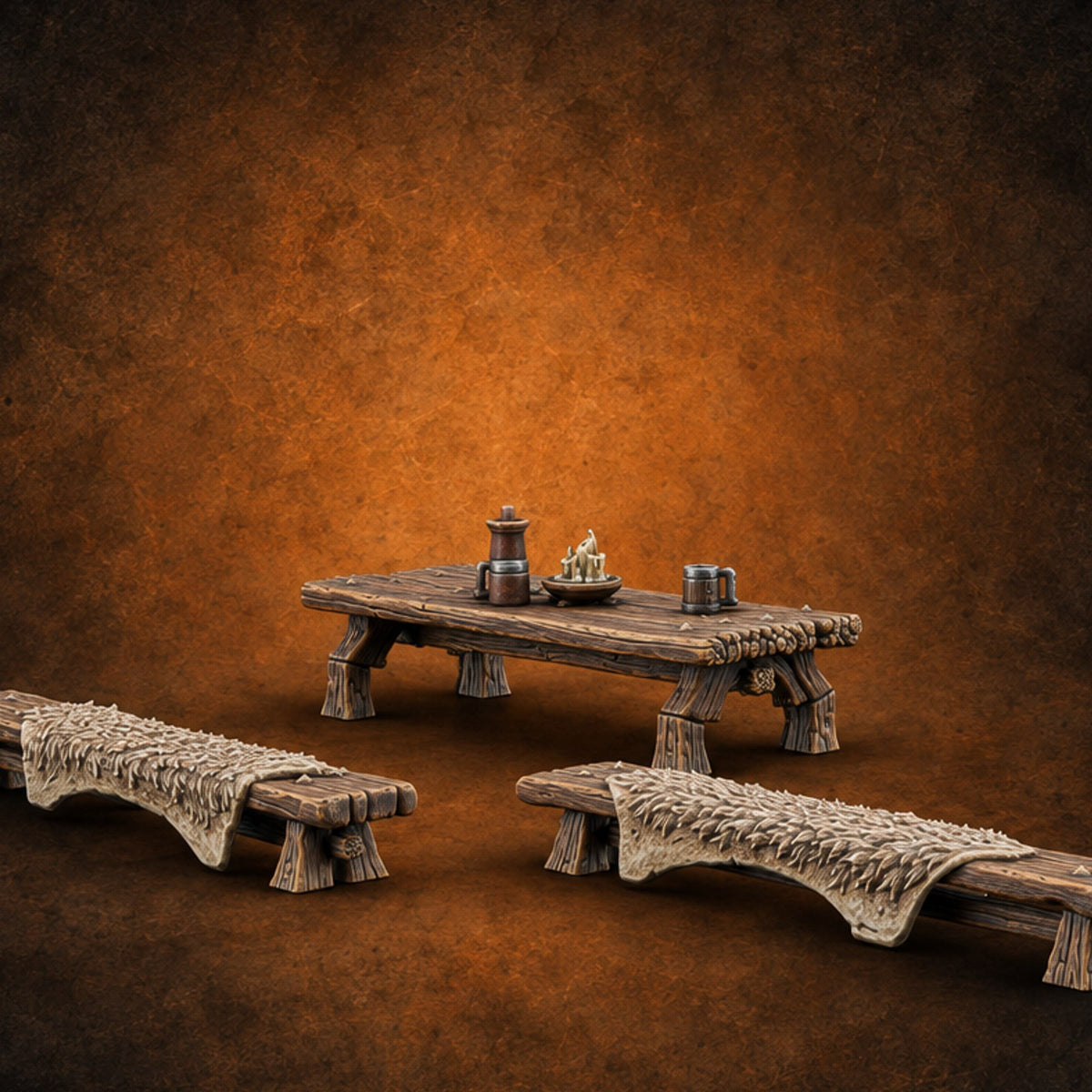 Seats Reserved for Mossy Regulars Wooden Inn Table with Benches — painted concept preview (terrain supplied unpainted)