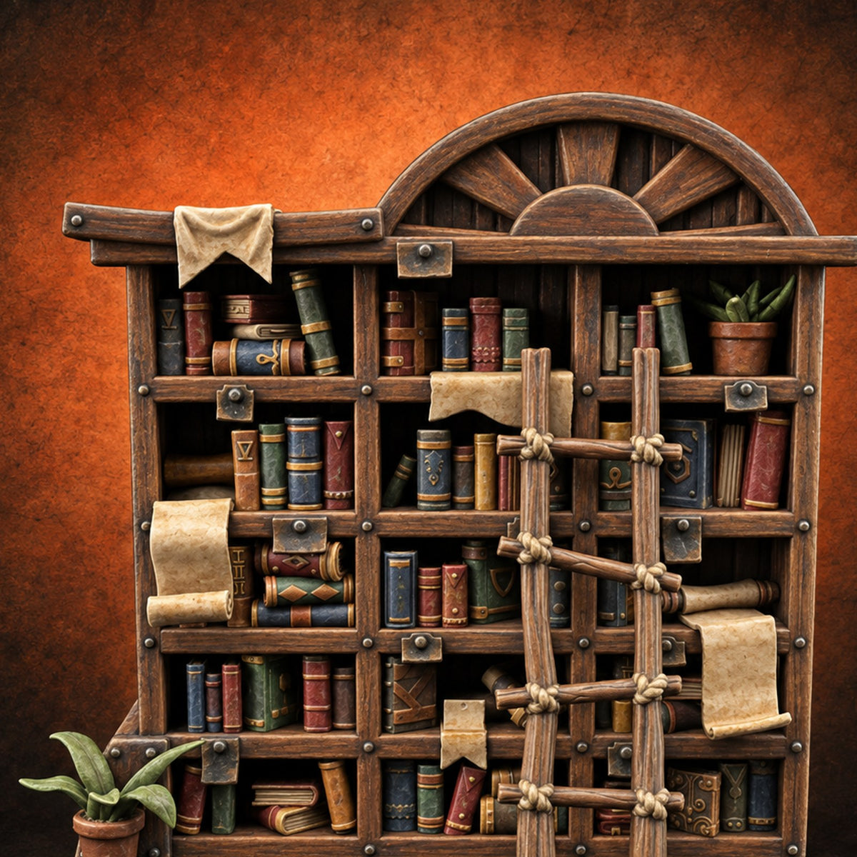 Overstuffed Library Bookshelf B — painted concept preview (terrain supplied unpainted)