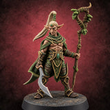 Unbothered by Brambles Elf Druid with Vine Staff and Curved Blade — painted concept preview (miniature supplied unpainted)