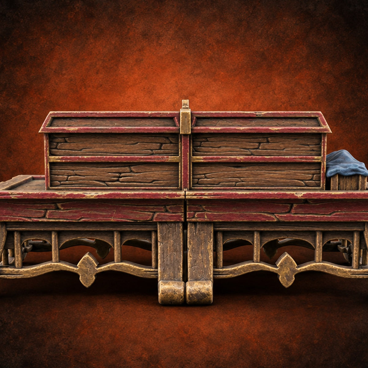 Two Halves, One Trick Wooden Carnival Magic Box — painted concept preview (terrain supplied unpainted)