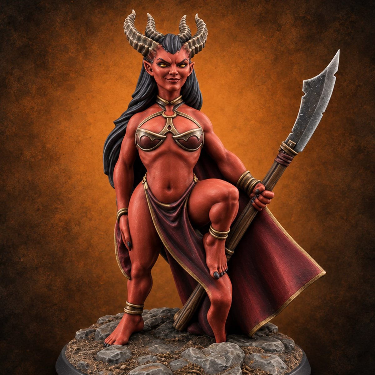 Devilish Footwork Succubus Horned Fiend Dancer with Cape C — painted concept preview (miniature supplied unpainted)