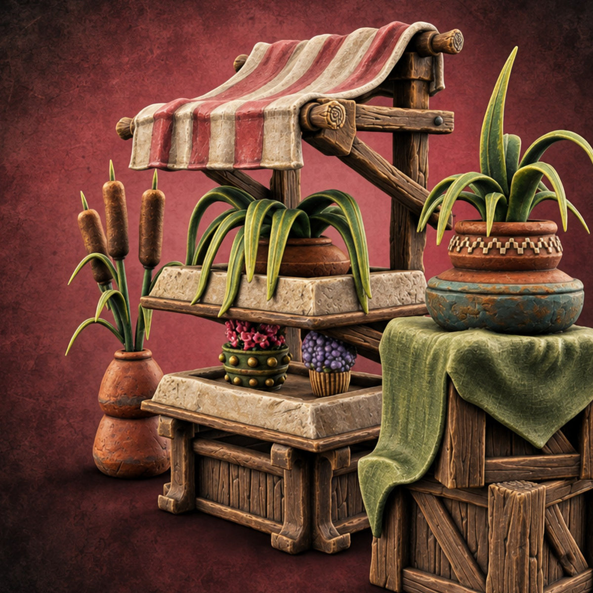 Everything Coming Up Roses Wooden Florist Market Piece D — painted concept preview (terrain supplied unpainted)