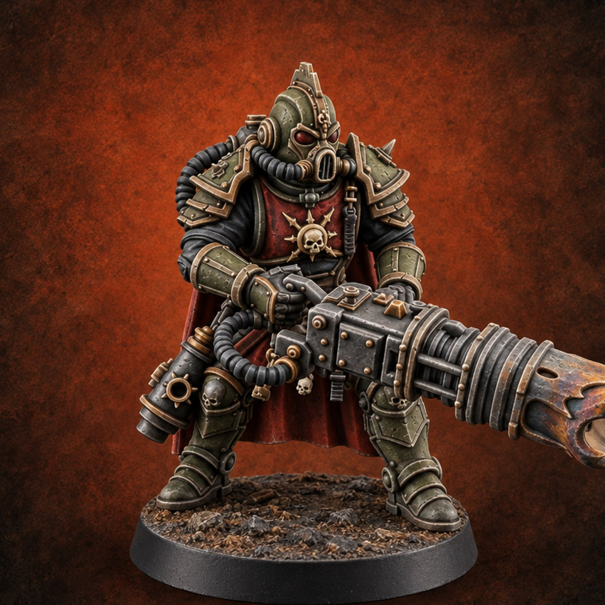 Fuel Line Hissing Human Gas-Masked Flamer Gunner A — painted concept preview (miniature supplied unpainted)