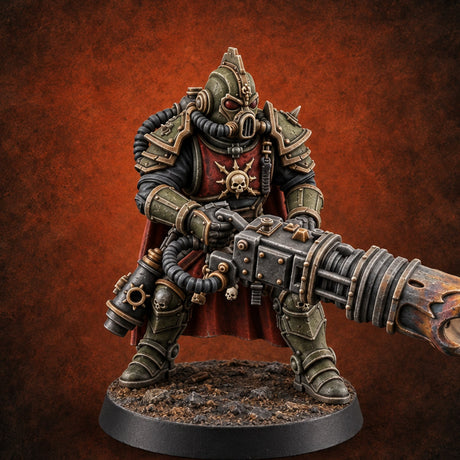 Fuel Line Hissing Human Gas-Masked Flamer Gunner A — painted concept preview (miniature supplied unpainted)
