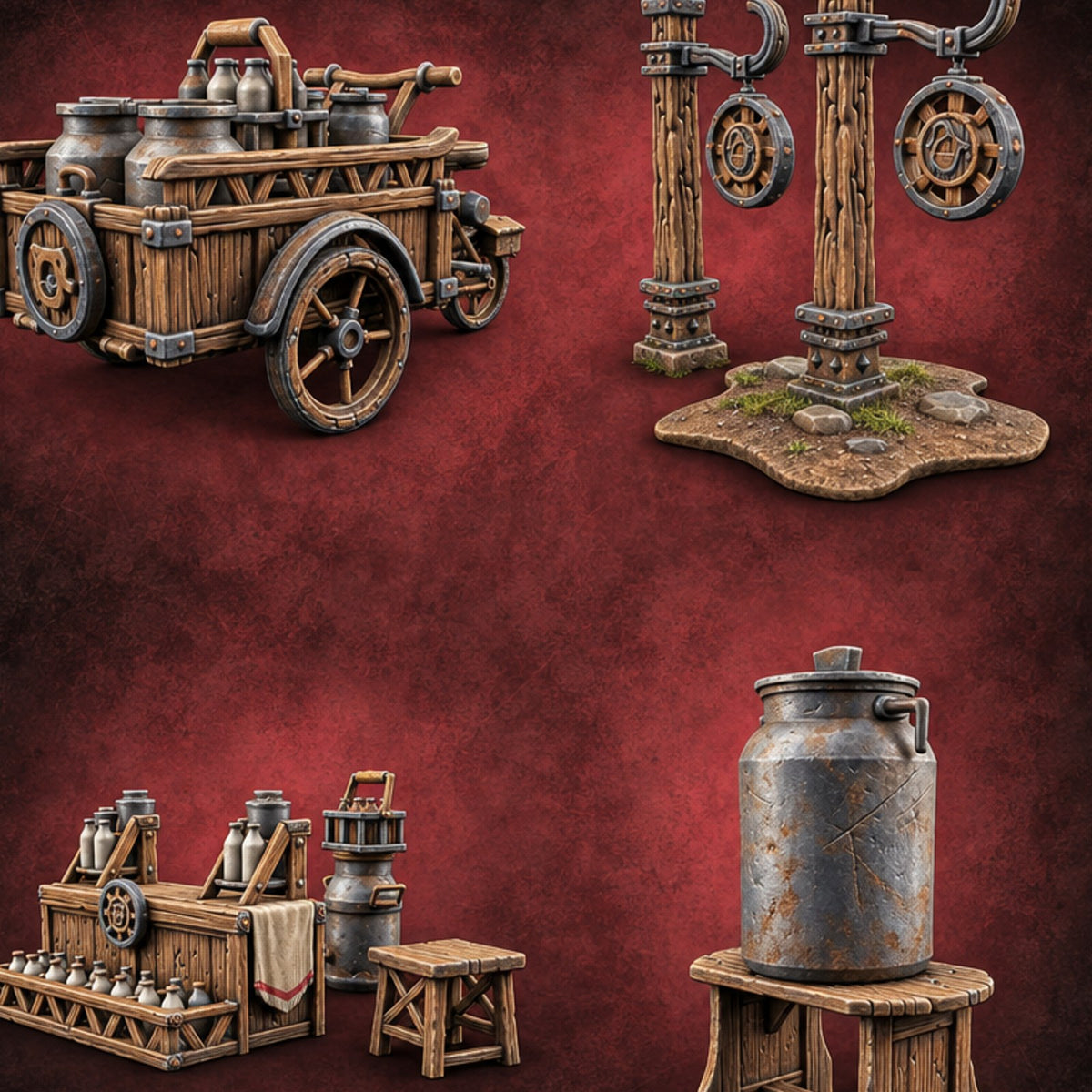 Curdle Not, Want Not Wooden Milkman Market Set — painted concept preview (terrain supplied unpainted)