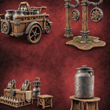 Curdle Not, Want Not Wooden Milkman Market Set — painted concept preview (terrain supplied unpainted)