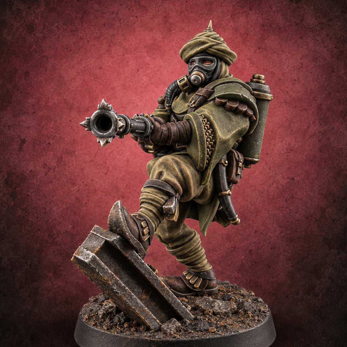 No Breath Breaks Formation Human Gas-Masked Soldier A — painted concept preview (miniature supplied unpainted)