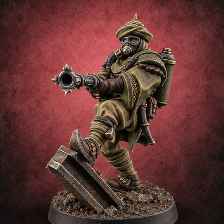 No Breath Breaks Formation Human Gas-Masked Soldier A — painted concept preview (miniature supplied unpainted)