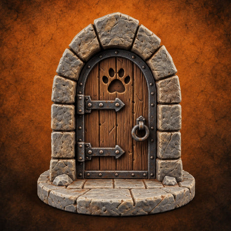 The Knock Came After Midnight Paw-Cutout Stone Arch Door — painted concept preview (terrain supplied unpainted)