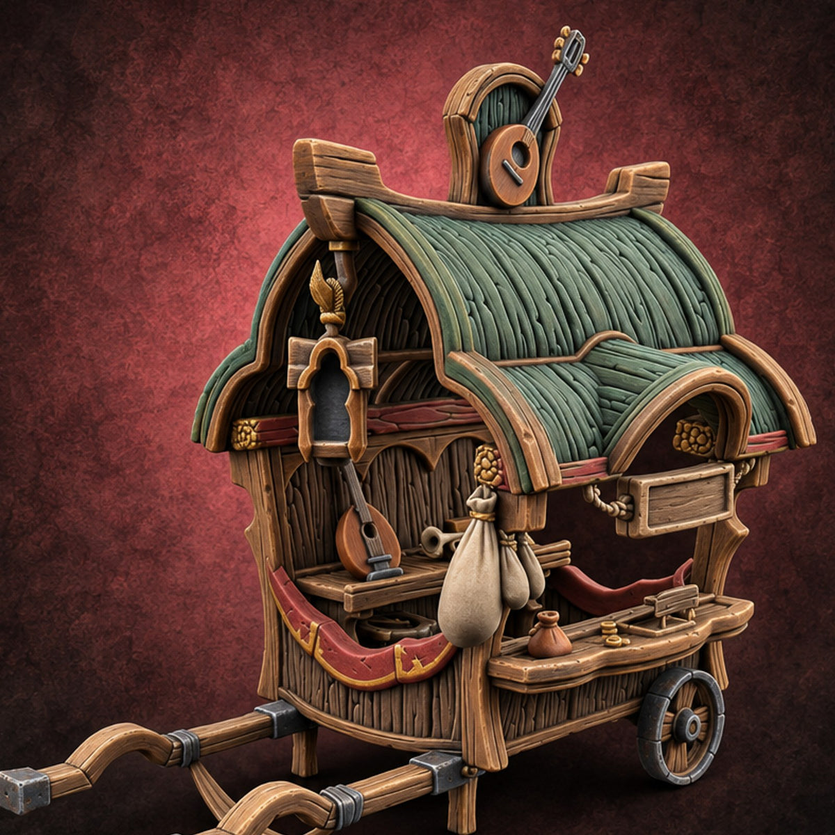 Bard's Shop Rolls Into Town Musician Vendor Cart — painted concept preview (terrain supplied unpainted)
