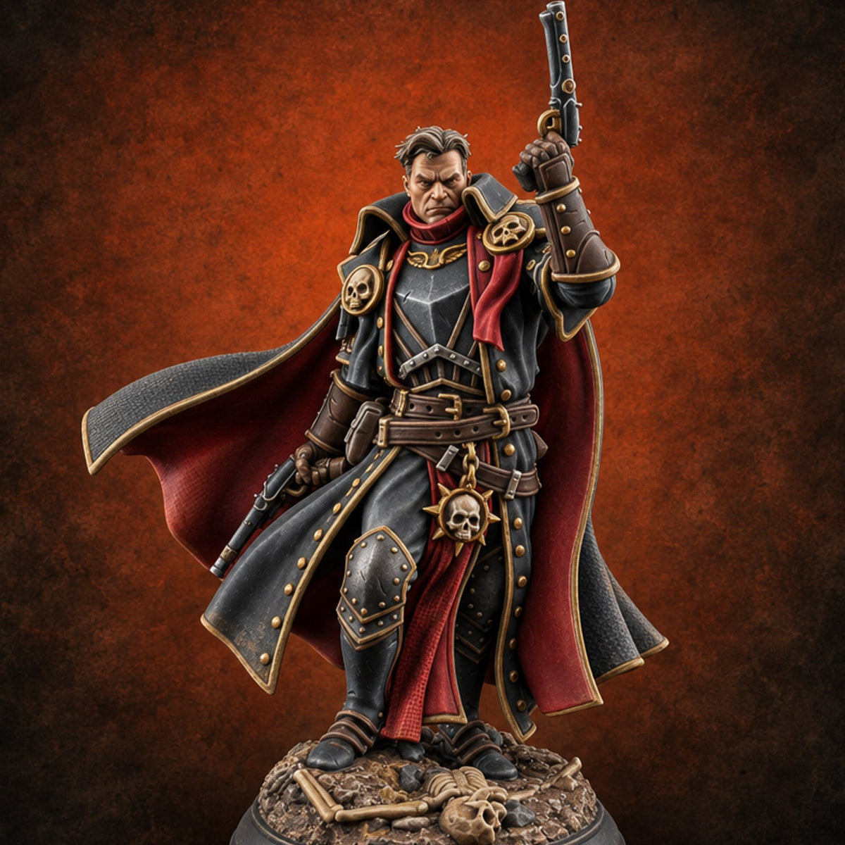 Unimpressed by Bones Underfoot Human Pistol Officer in Skull-Badged Greatcoat and Cape — painted concept preview (miniature supplied unpainted)
