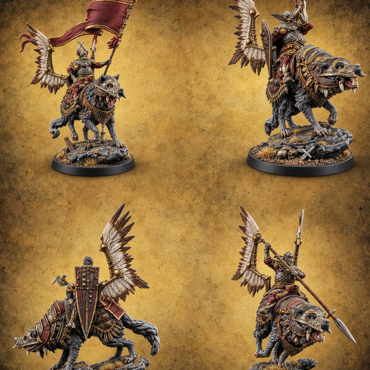 Steel, Feather and Fang Human Winged Hussars on Dire Wolves — painted concept preview (miniature supplied unpainted)