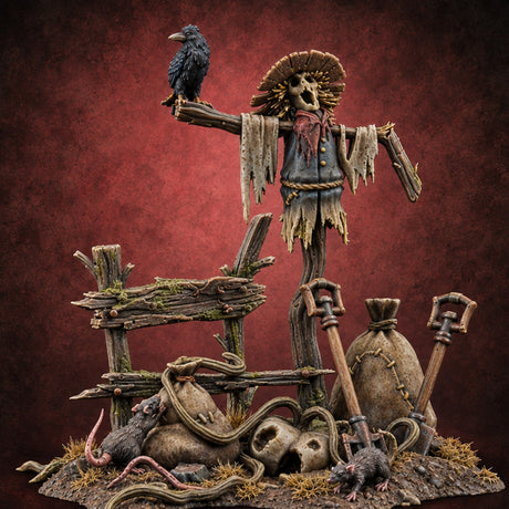 Crow Still Waits for Orders Rotting Scarecrow with Crow, Fence, Sacks, Shovels and Rats on Scenic Base — painted concept preview (terrain supplied unpainted)