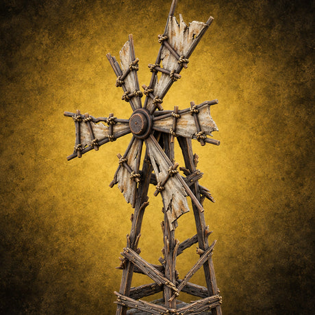 Wind Stopped Asking Ruined Wooden Windmill with Tattered Sails on Cracked Stone Base — painted concept preview (terrain supplied unpainted)